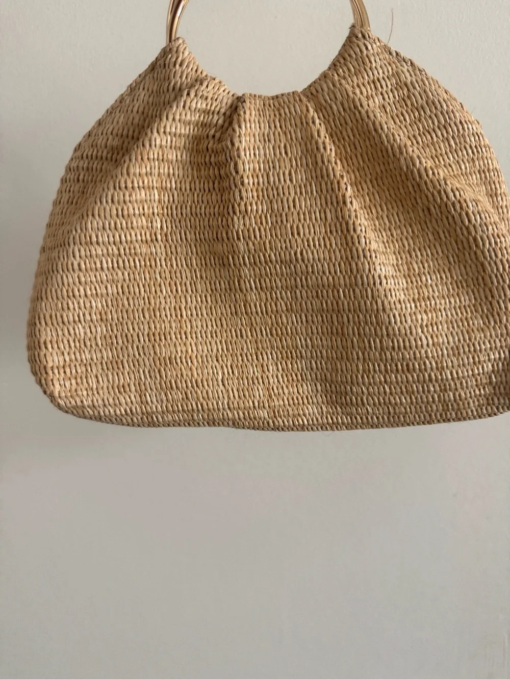 Woven Straw Tote with Gold Stud Accents - Beige